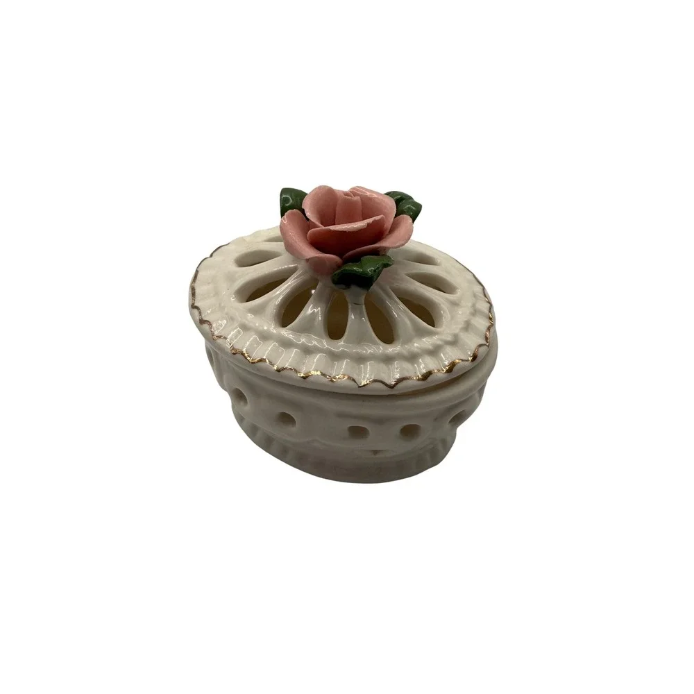 Vintage Ceramic Rose Trinket Box Lattice Heart Cutout Pink Gold Trim Small Oval